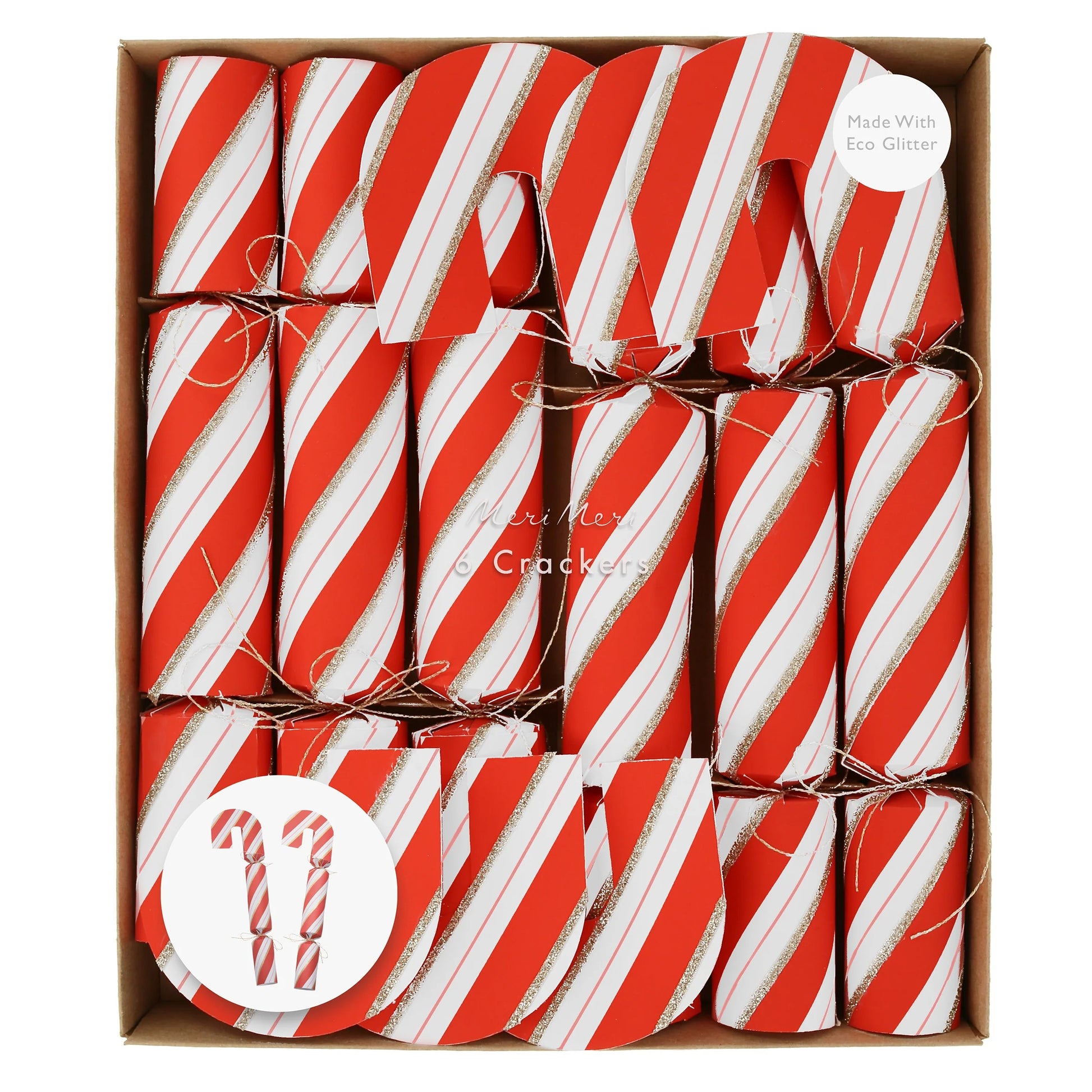 Festive candy cane crackers with gold glitter, metallic bows, party hats, jokes, and unique gifts inside.
