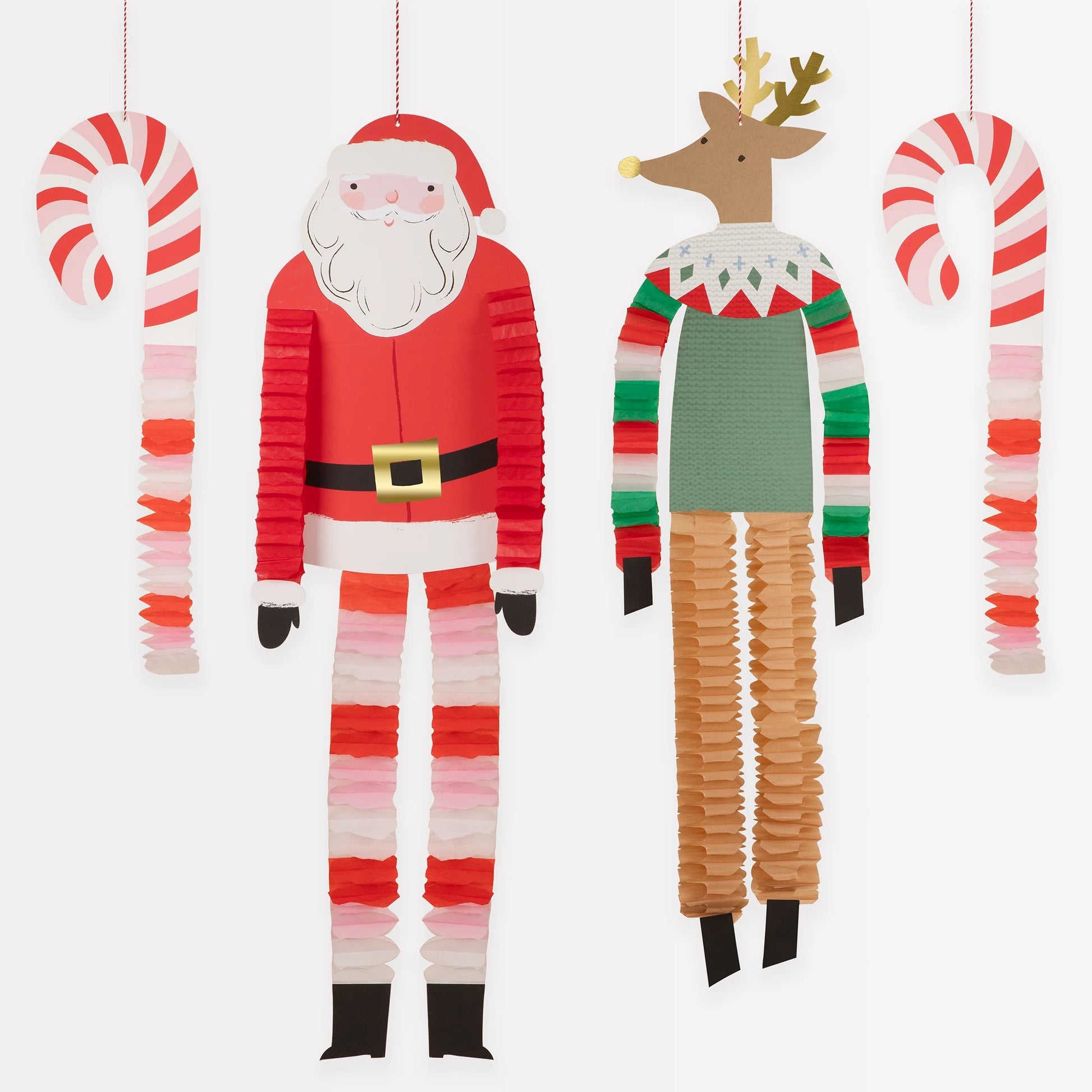 Festive large paper decorations: 2 candy canes, 1 Santa, 1 reindeer with honeycomb details and gold foil accents – perfect for Christmas.