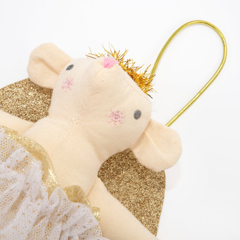Charming angel mouse tree topper with a taffeta gold dress, glitter wings, and a shimmering halo for a festive holiday touch.