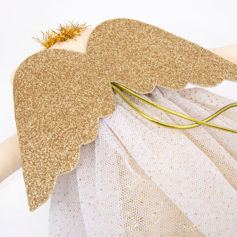 Charming angel mouse tree topper with a taffeta gold dress, glitter wings, and a shimmering halo for a festive holiday touch.