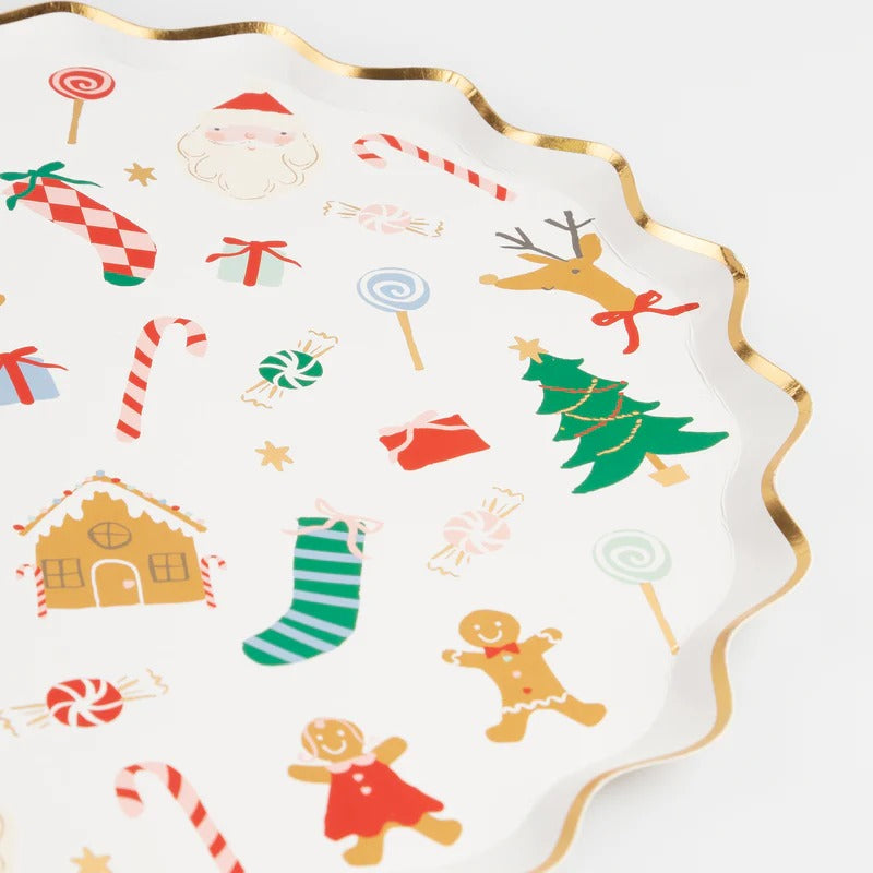 Festive Christmas paper plates with shiny gold foil details, fluted border, and high-quality design.