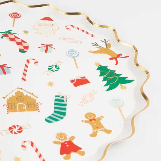 Festive Christmas paper plates with shiny gold foil details, fluted border, and high-quality design.