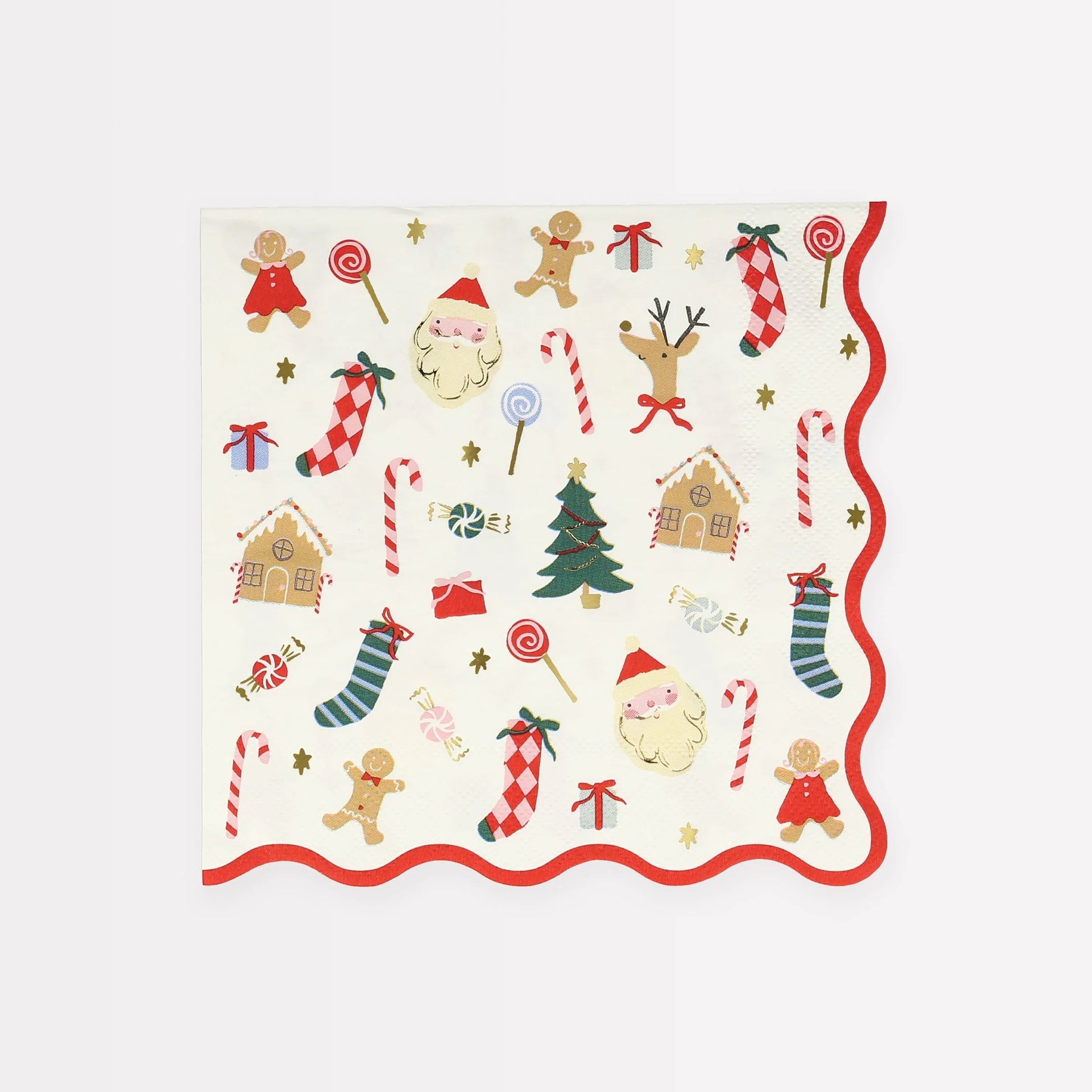 Christmas napkins with gold foil details, red wavy border, and 3-ply paper for durability.