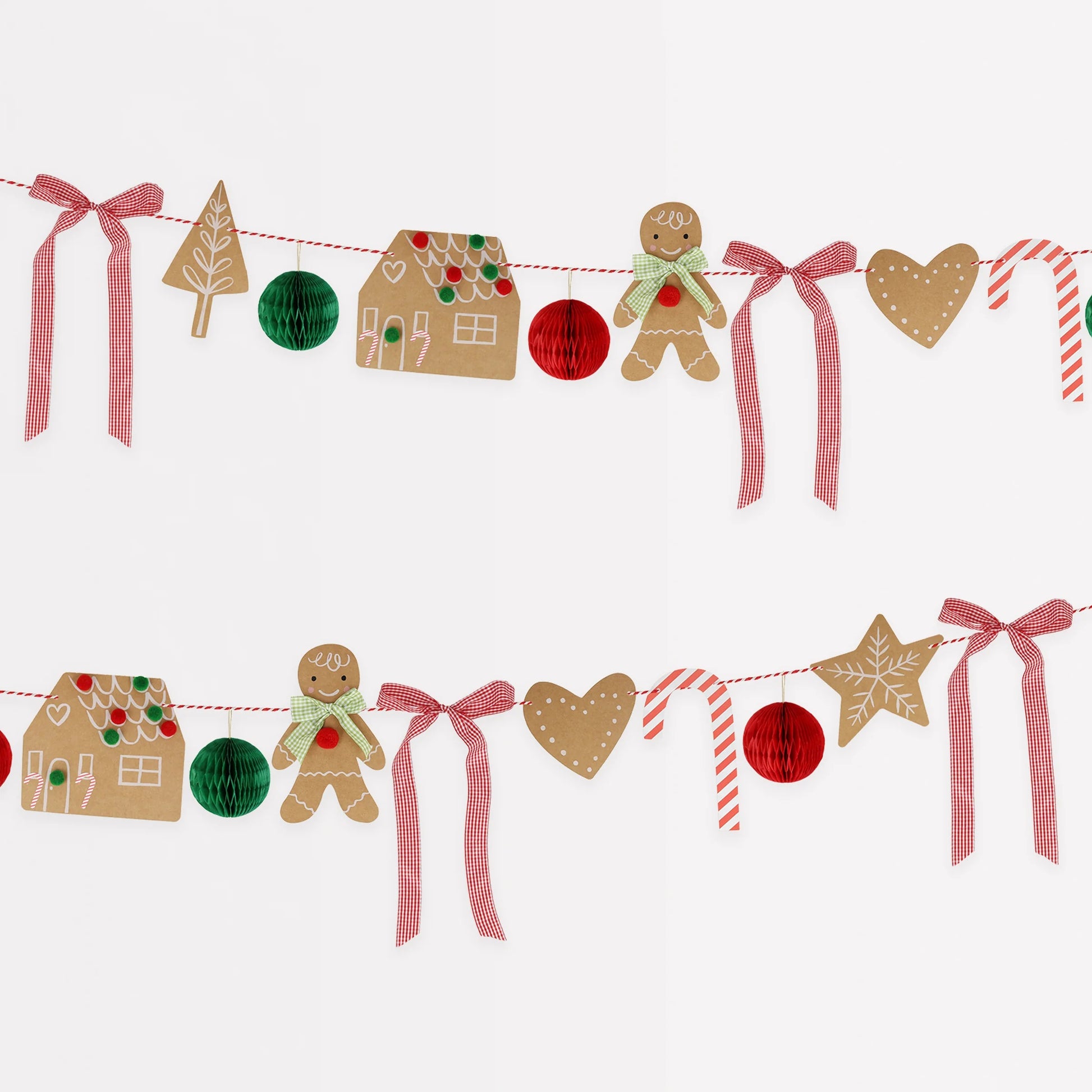 Charming gingerbread garland with candy canes, honeycomb balls, gingham bows, and festive pom-pom details.