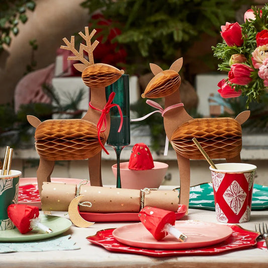 Elegant 3D reindeer family with honeycomb details, velvet ribbons, glittered antlers; perfect festive decor.