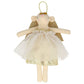 Charming angel mouse tree topper with a taffeta gold dress, glitter wings, and a shimmering halo for a festive holiday touch.