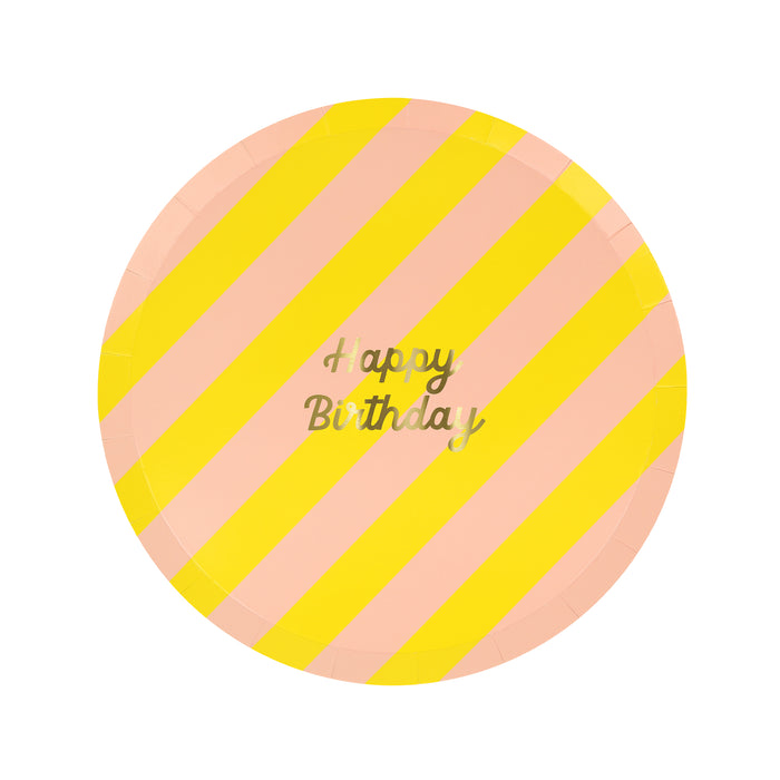 Bold striped birthday plates with gold foil 'Happy Birthday' text, pack of 8, 4 color combos.