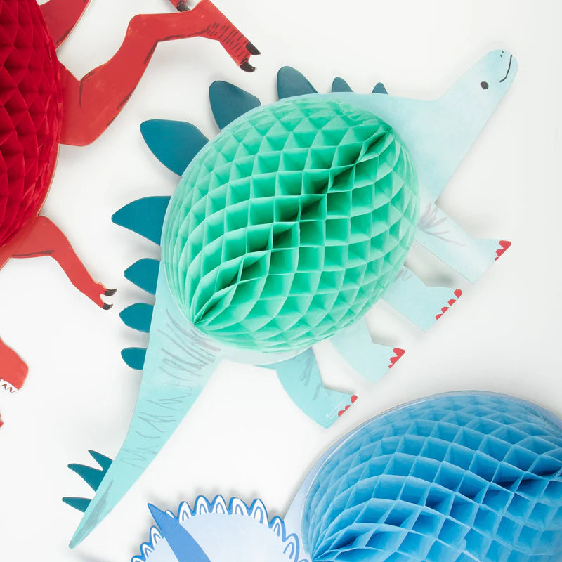 Set of 3 dinosaur honeycomb decorations, red, blue, mint colors, fun for parties or bedrooms