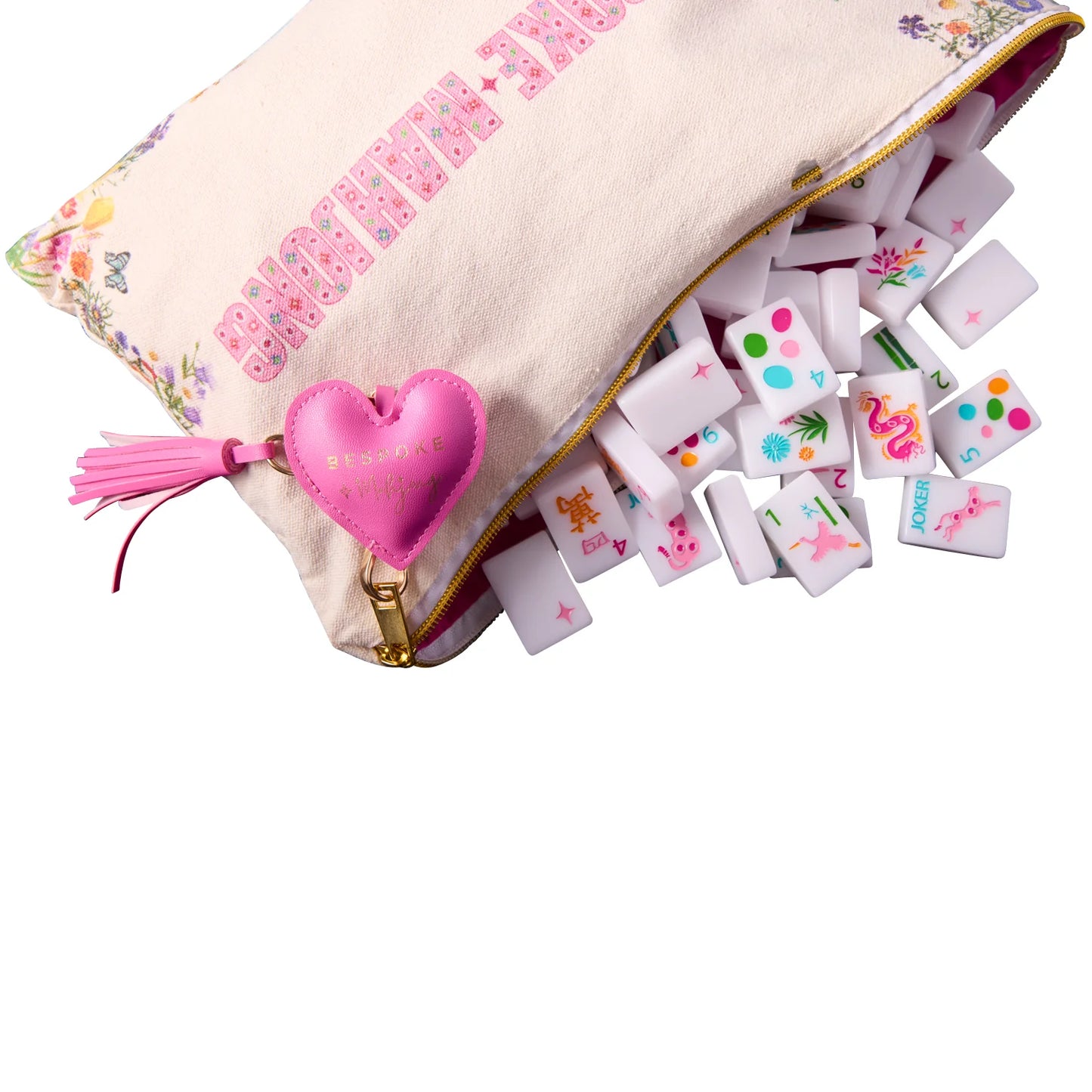 Mahjong tiles with matching canvas bag and zipper pull
