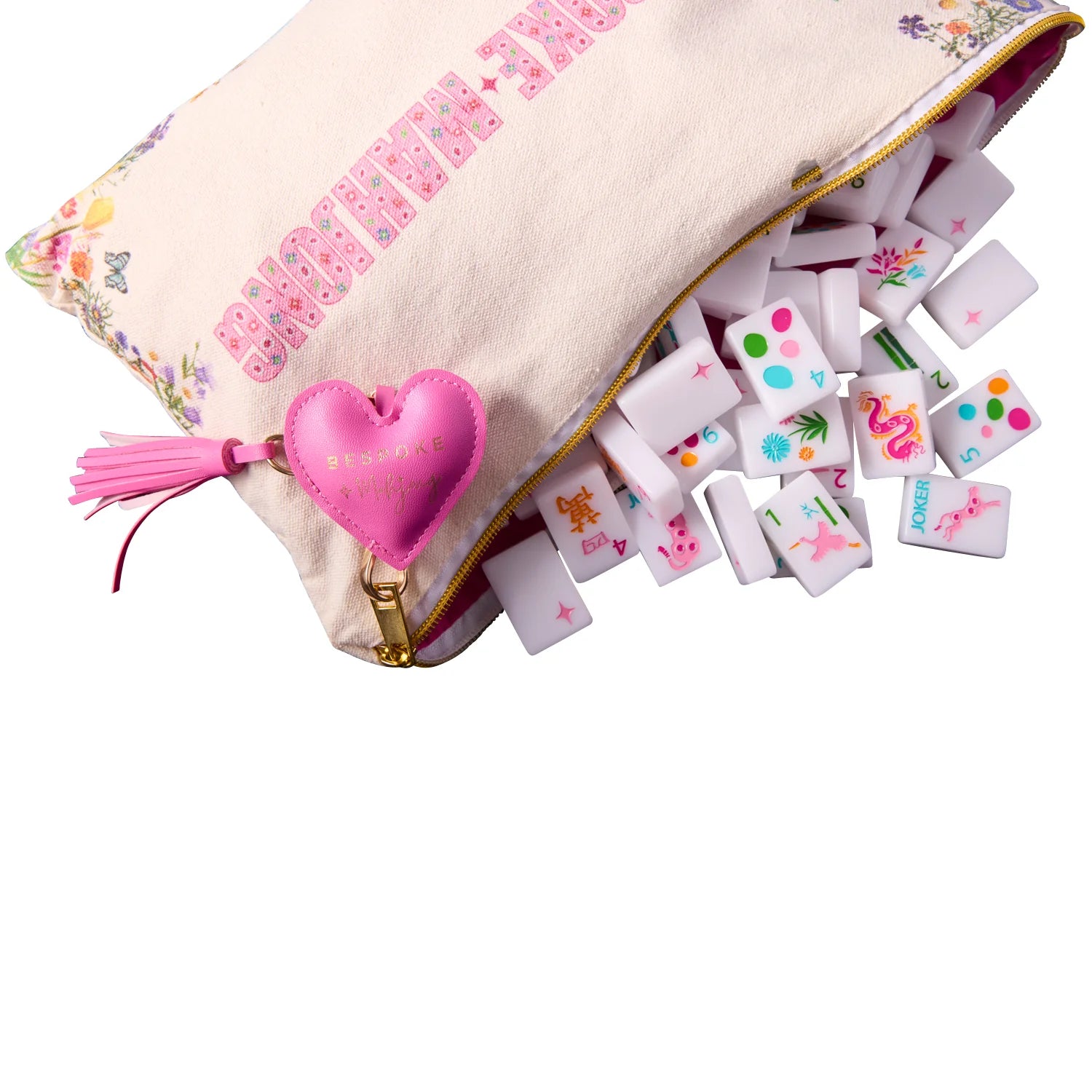 Mahjong tiles with matching canvas bag and zipper pull