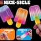 Colorful 'Nee Doh Nice-Sicle' toy with gradient design and text indicating squeezing and stretching features.