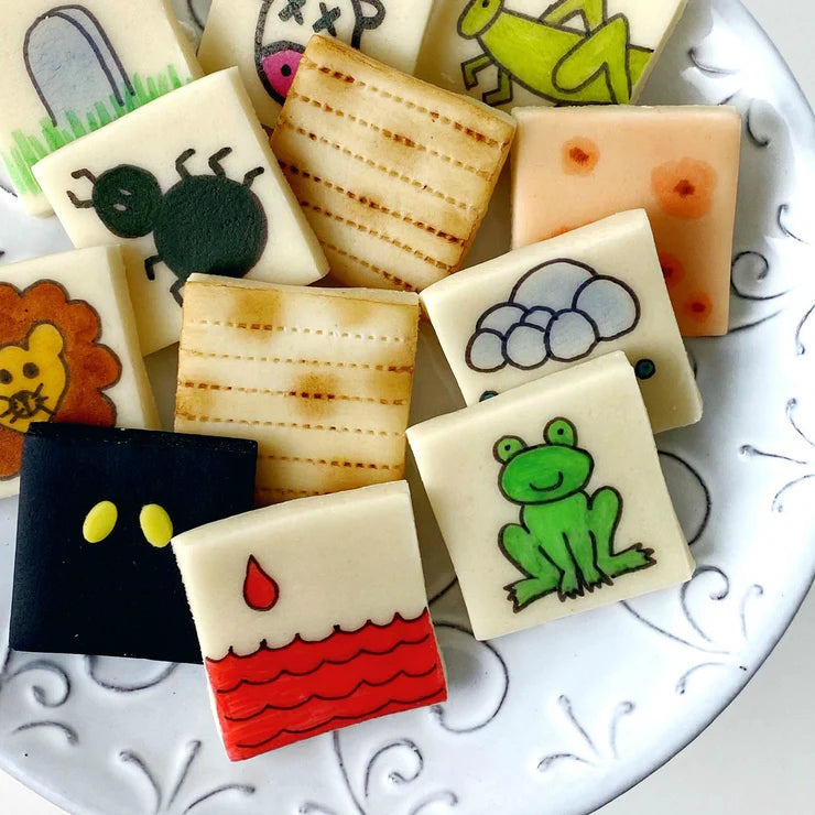 Passover 12-piece plague tile set – includes 10 plague tiles + 2 matzah tiles, perfect for Seder