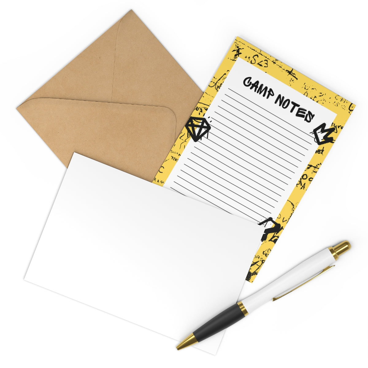 Custom stationery set for campers with prompts. Includes 7 flat note cards on smooth white cardstock and craft brown envelopes. Personalize with your child's name. Ideal for summer camp communication and keepsakes.