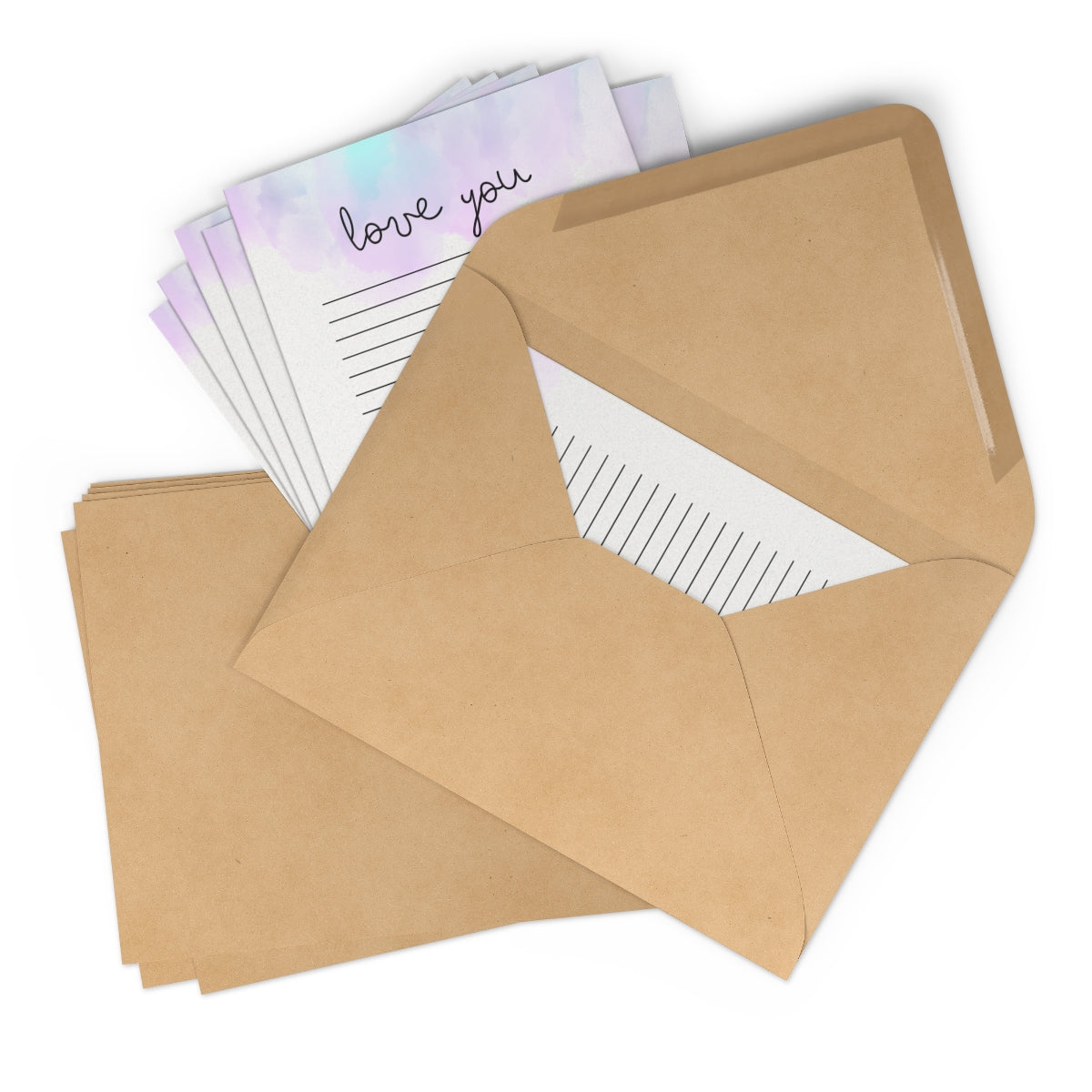 Custom camper-themed stationery set featuring 7 flat note cards printed on premium smooth white cardstock, paired with craft brown envelopes. Personalize with your name for a unique touch. Perfect for personalized notes or as a thoughtful gift.