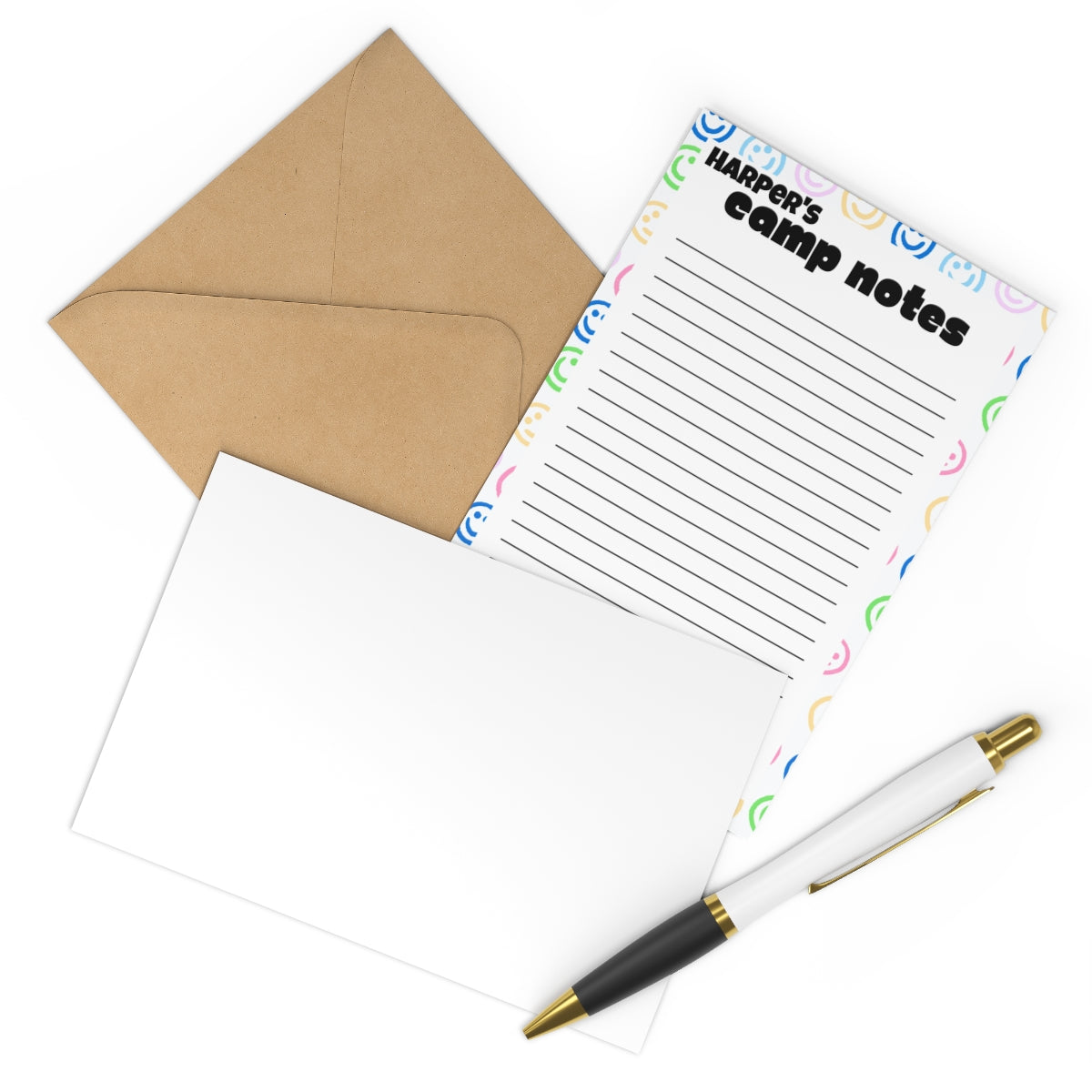 Customizable 7-Piece Postcard Set for Campers, featuring bright white matte finish and craft paper envelopes. Perfect for sending home memories from camp in either portrait or landscape format.