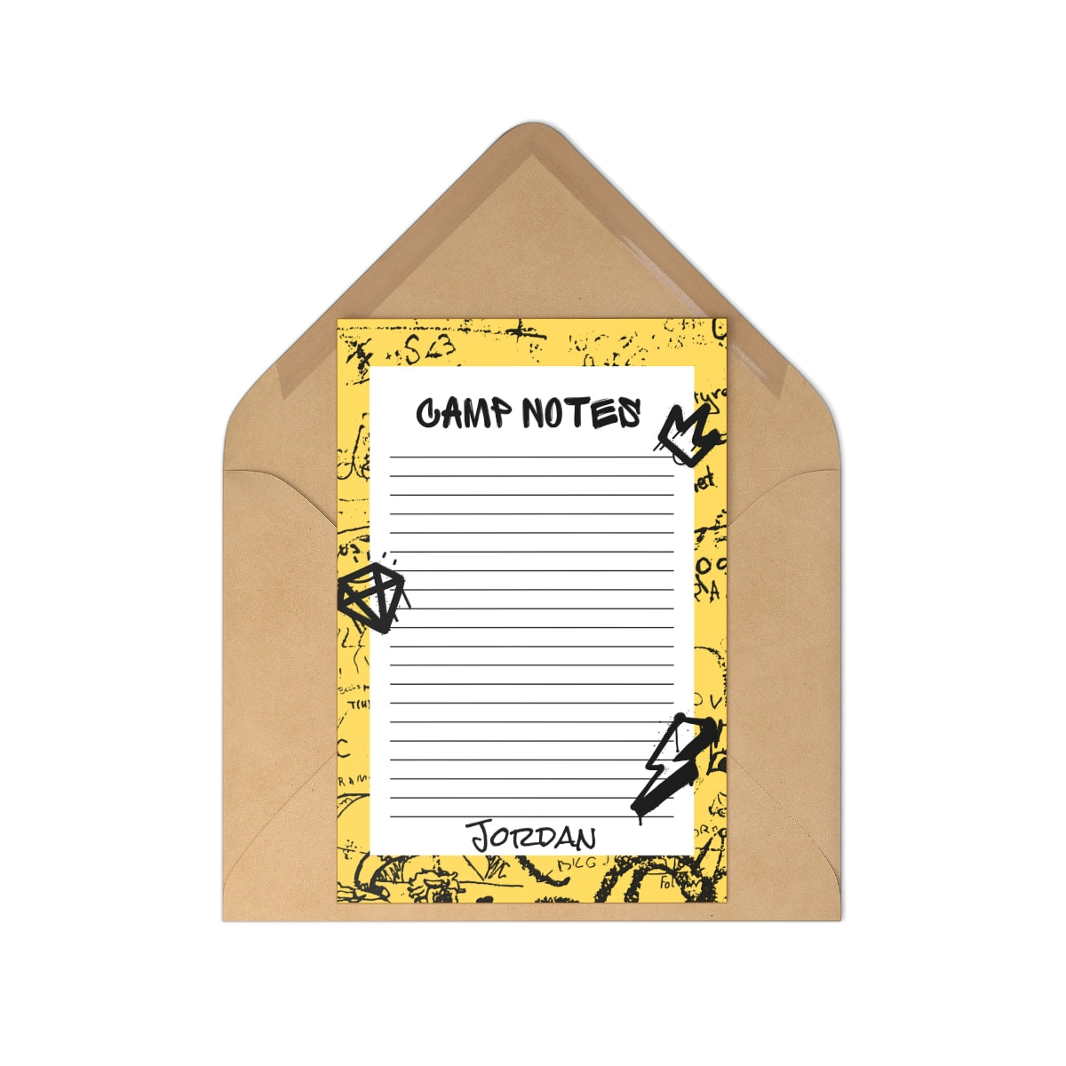 Custom stationery set for campers with prompts. Includes 7 flat note cards on smooth white cardstock and craft brown envelopes. Personalize with your child's name. Ideal for summer camp communication and keepsakes.