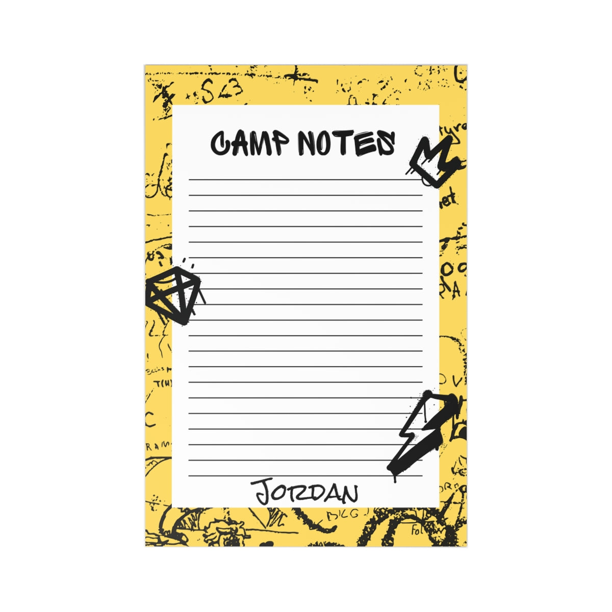 Custom stationery set for campers with prompts. Includes 7 flat note cards on smooth white cardstock and craft brown envelopes. Personalize with your child's name. Ideal for summer camp communication and keepsakes.