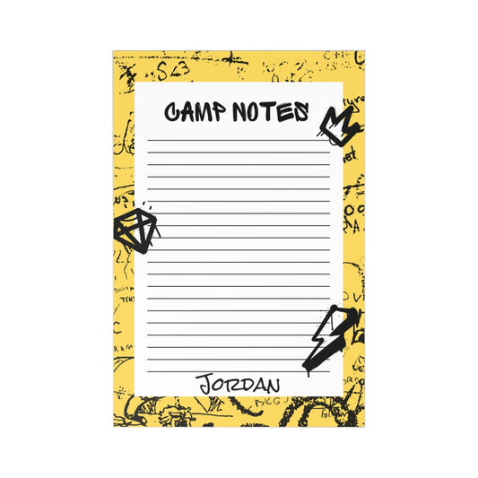 Custom stationery set for campers with prompts. Includes 7 flat note cards on smooth white cardstock and craft brown envelopes. Personalize with your child's name. Ideal for summer camp communication and keepsakes.