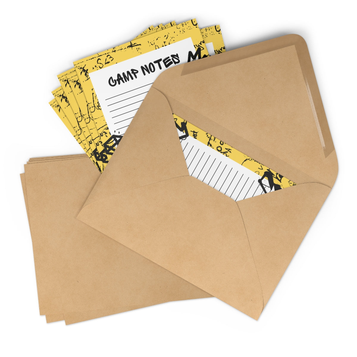 Custom stationery set for campers with prompts. Includes 7 flat note cards on smooth white cardstock and craft brown envelopes. Personalize with your child's name. Ideal for summer camp communication and keepsakes.