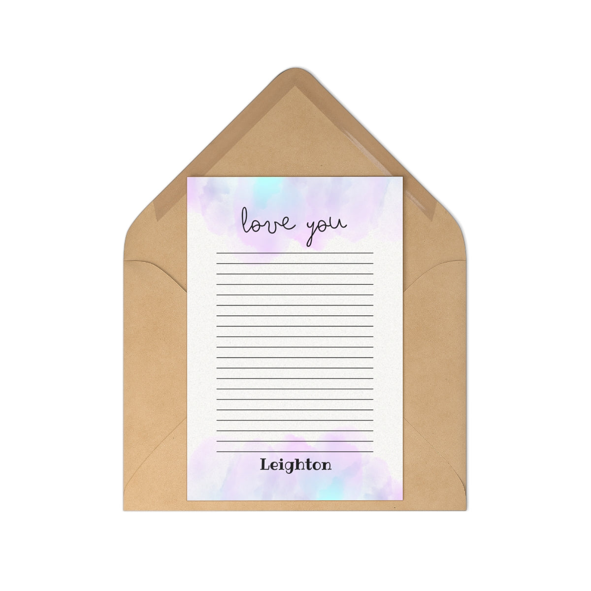 Custom camper-themed stationery set featuring 7 flat note cards printed on premium smooth white cardstock, paired with craft brown envelopes. Personalize with your name for a unique touch. Perfect for personalized notes or as a thoughtful gift.
