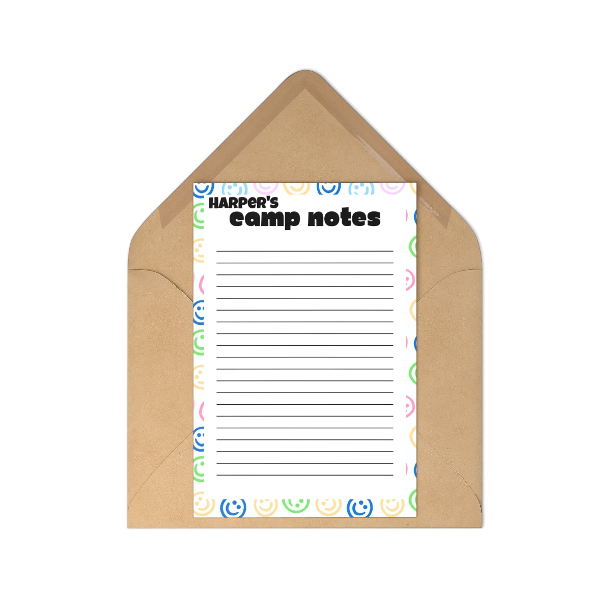 Customizable 7-Piece Postcard Set for Campers, featuring bright white matte finish and craft paper envelopes. Perfect for sending home memories from camp in either portrait or landscape format.