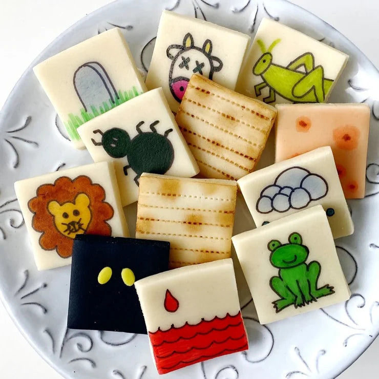 Passover ten plagues candy tile set – marzipan gift box featuring 12 handcrafted edible tiles.