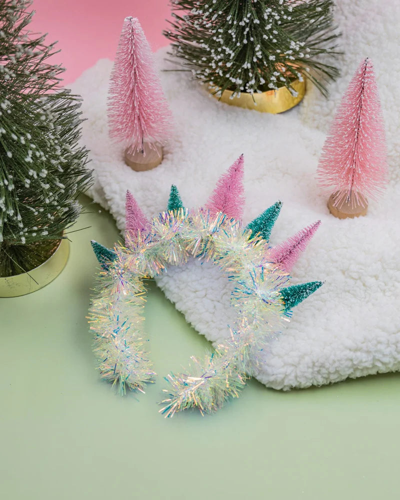Colorful Christmas Tree Holiday Headband with glitter, felt trees, and tinsel. Festive, one-size-fits-most head bopper for holiday parties and celebrations.
