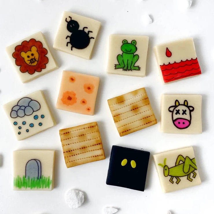 Marzipan Passover plague tile set – a stunning 12-piece candy gift box for Seder table décor.