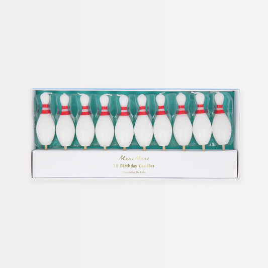 Bowling pin cake candles, 3D wax, pack of 10, 3 inches tall with wooden sticks