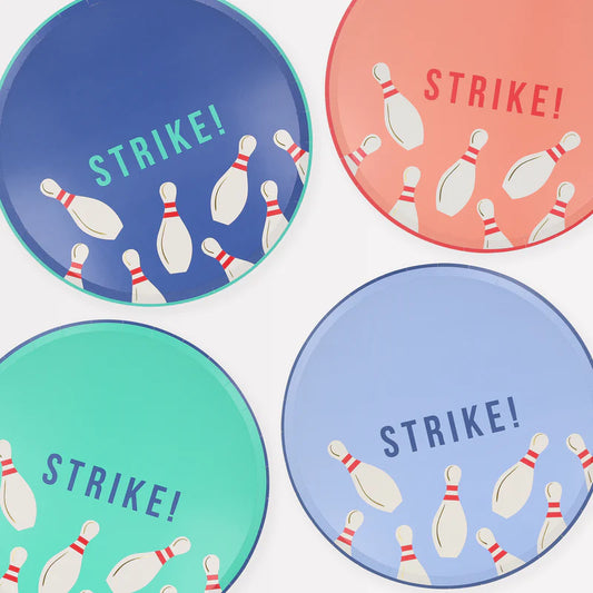 Bowling paper plates, pack of 8 in 4 colors, gold foil, 10.5" round, retro party essential