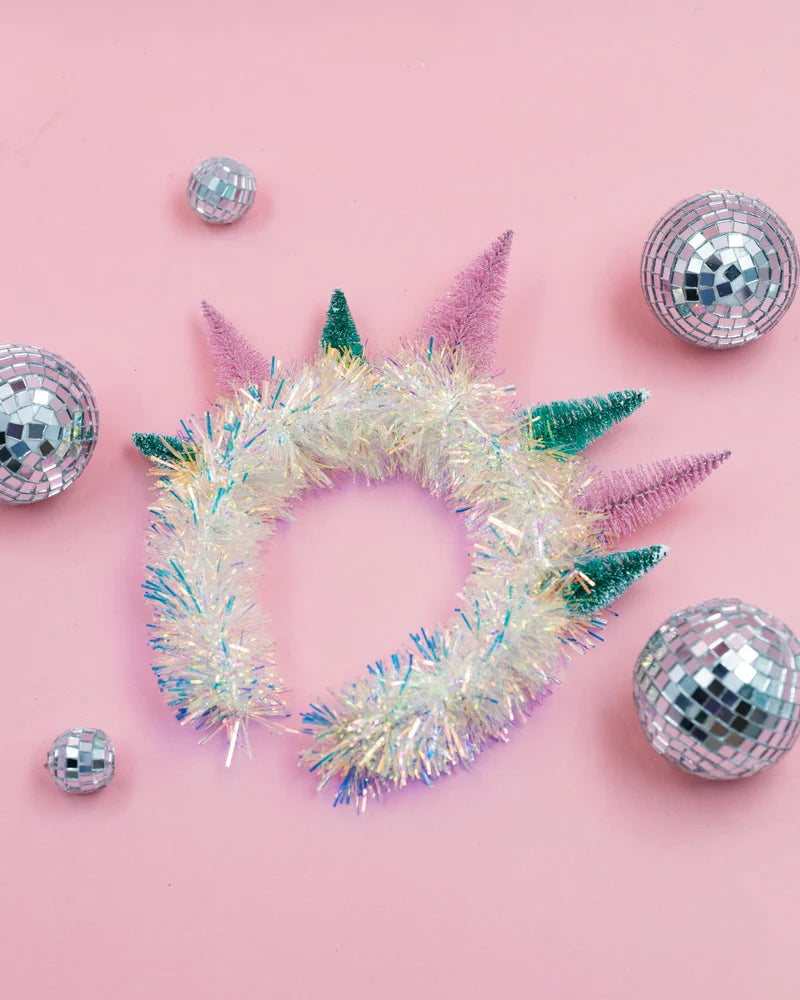 Colorful Christmas Tree Holiday Headband with glitter, felt trees, and tinsel. Festive, one-size-fits-most head bopper for holiday parties and celebrations.