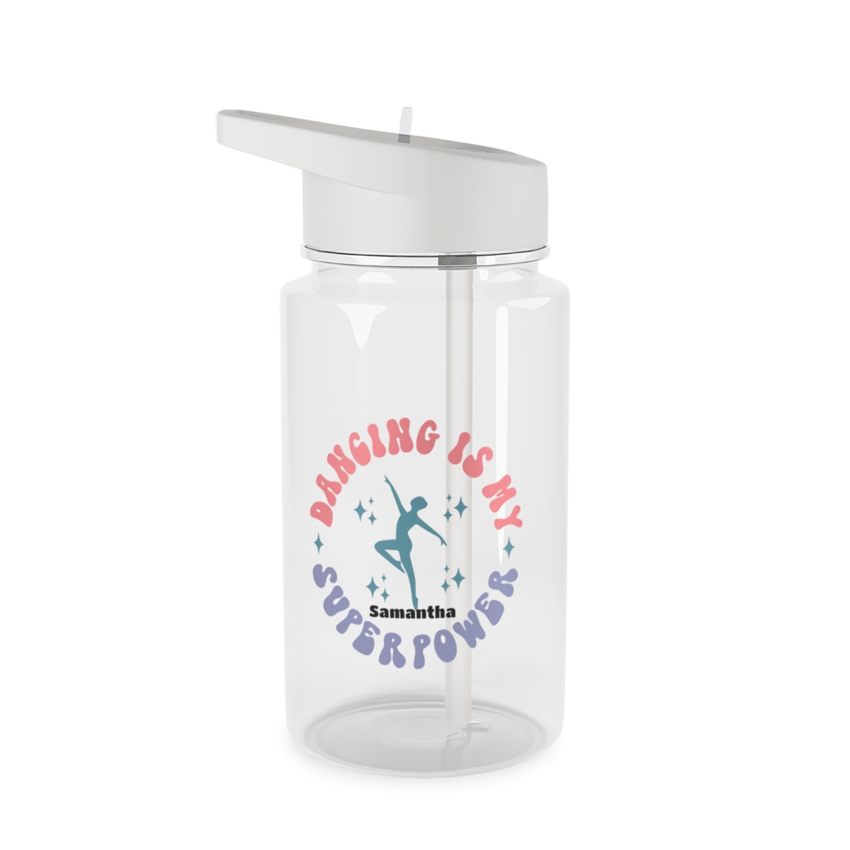 Personalized Tritan water bottle with 'Dancing is my Superpower' design, featuring a biodegradable construction and available in two sizes. Equipped with a grey spill-resistant lid and clear mouthpiece, this BPA-free bottle is perfect for dance parties and eco-conscious hydration.