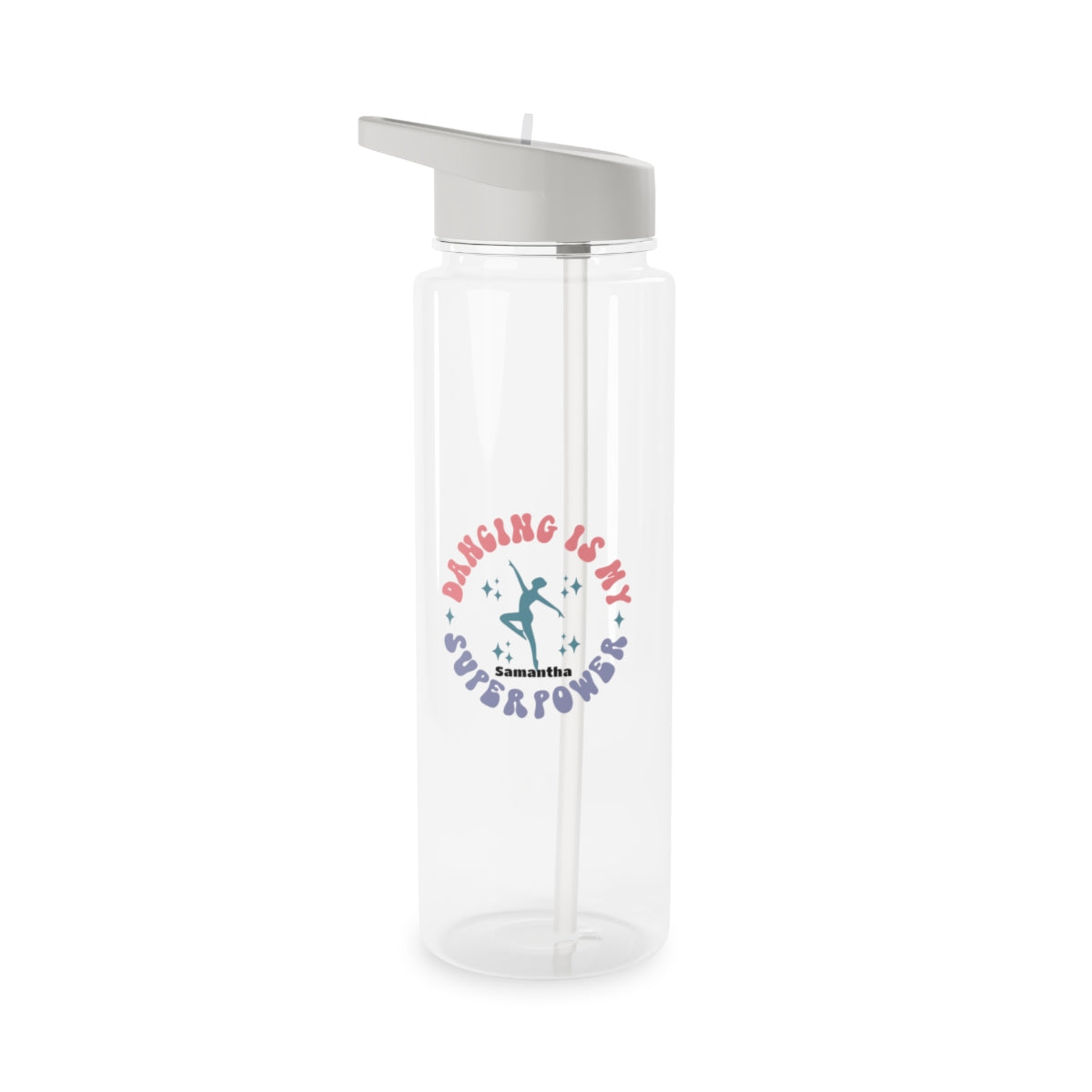 Personalized Tritan water bottle with 'Dancing is my Superpower' design, featuring a biodegradable construction and available in two sizes. Equipped with a grey spill-resistant lid and clear mouthpiece, this BPA-free bottle is perfect for dance parties and eco-conscious hydration.