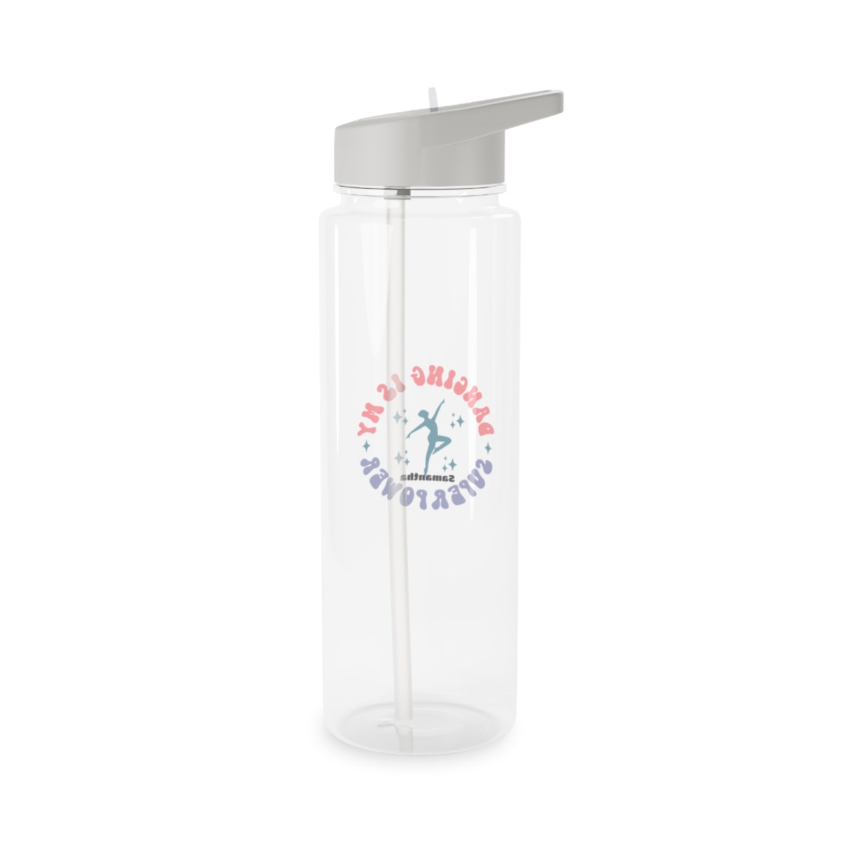 Personalized Tritan water bottle with 'Dancing is my Superpower' design, featuring a biodegradable construction and available in two sizes. Equipped with a grey spill-resistant lid and clear mouthpiece, this BPA-free bottle is perfect for dance parties and eco-conscious hydration.