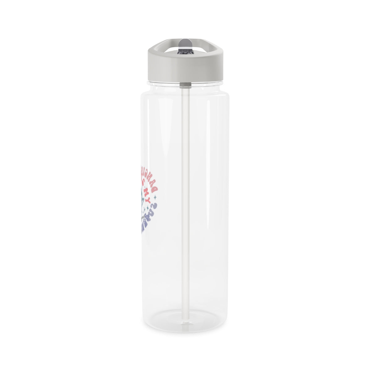 Personalized Tritan water bottle with 'Dancing is my Superpower' design, featuring a biodegradable construction and available in two sizes. Equipped with a grey spill-resistant lid and clear mouthpiece, this BPA-free bottle is perfect for dance parties and eco-conscious hydration.