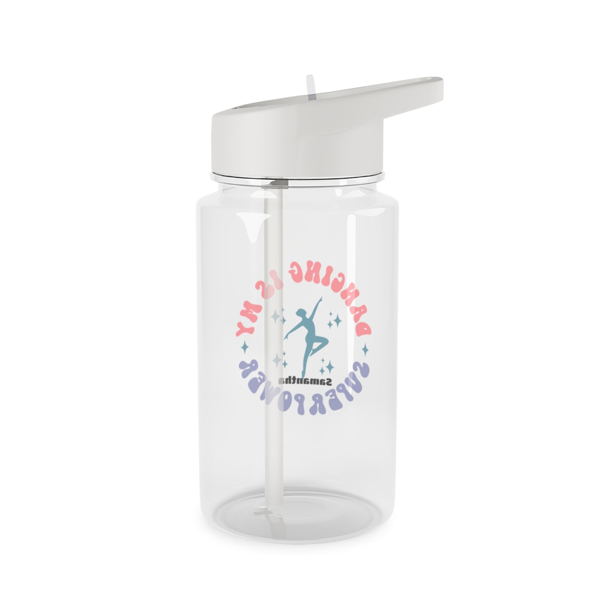 Personalized Tritan water bottle with 'Dancing is my Superpower' design, featuring a biodegradable construction and available in two sizes. Equipped with a grey spill-resistant lid and clear mouthpiece, this BPA-free bottle is perfect for dance parties and eco-conscious hydration.