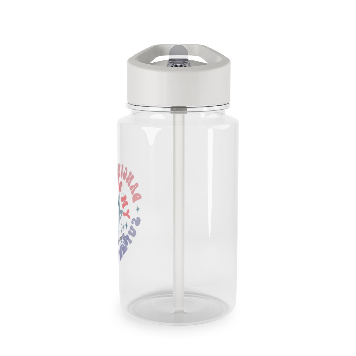 Personalized Tritan water bottle with 'Dancing is my Superpower' design, featuring a biodegradable construction and available in two sizes. Equipped with a grey spill-resistant lid and clear mouthpiece, this BPA-free bottle is perfect for dance parties and eco-conscious hydration.