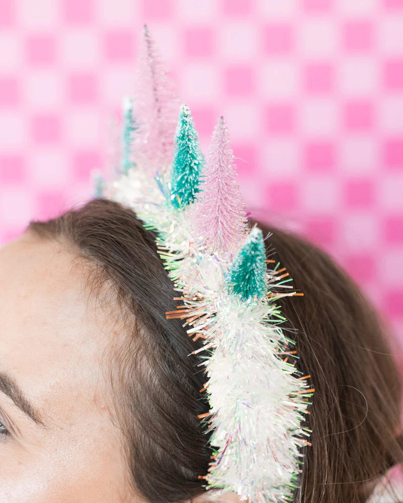 Colorful Christmas Tree Holiday Headband with glitter, felt trees, and tinsel. Festive, one-size-fits-most head bopper for holiday parties and celebrations.