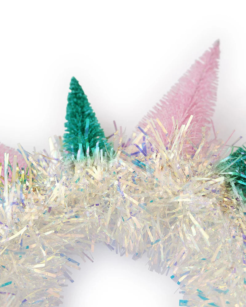 Colorful Christmas Tree Holiday Headband with glitter, felt trees, and tinsel. Festive, one-size-fits-most head bopper for holiday parties and celebrations.