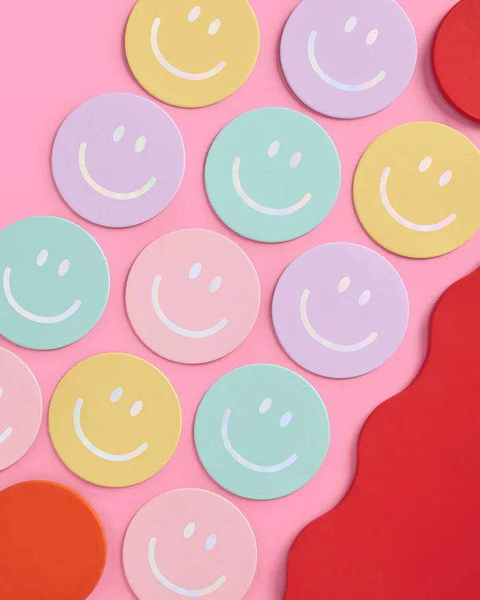 Smiley Face Paper Coasters – 16-Pack with Iridescent Foil Design! 