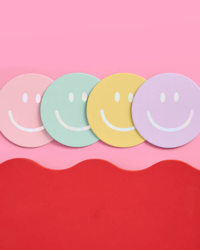 Party-Ready Smiley Coasters – 16-Pack Thick Paper Coasters with Shine! 