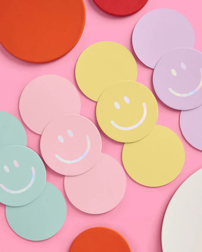 Smiley Face Drink Coasters – 4 Unique Designs with Iridescent Foil Accents! 
