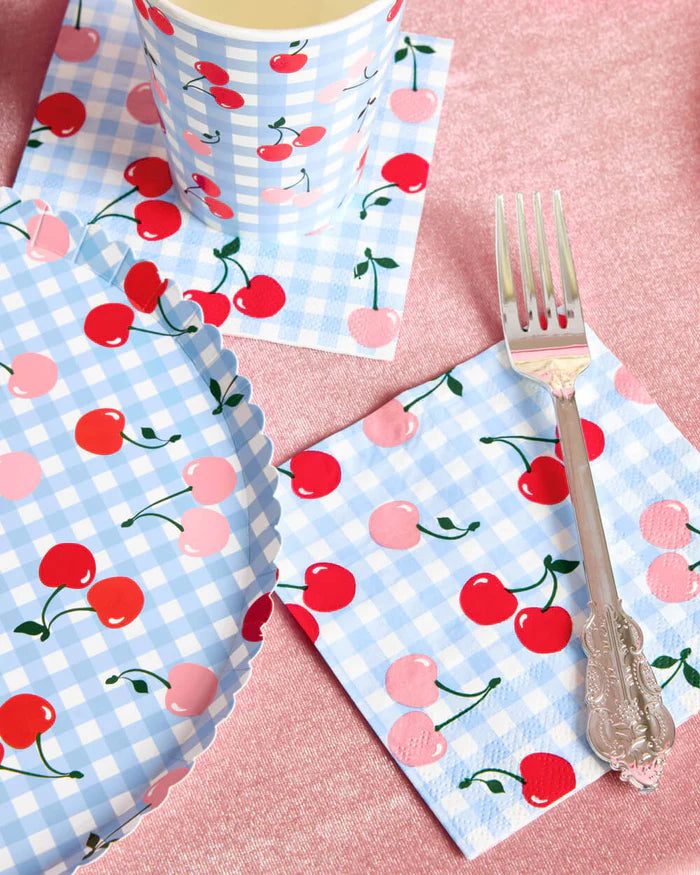 Blue Gingham Cherry Napkins – 25 Disposable Cocktail Napkins for Any Celebration!