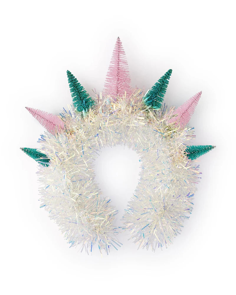 Colorful Christmas Tree Holiday Headband with glitter, felt trees, and tinsel. Festive, one-size-fits-most head bopper for holiday parties and celebrations.