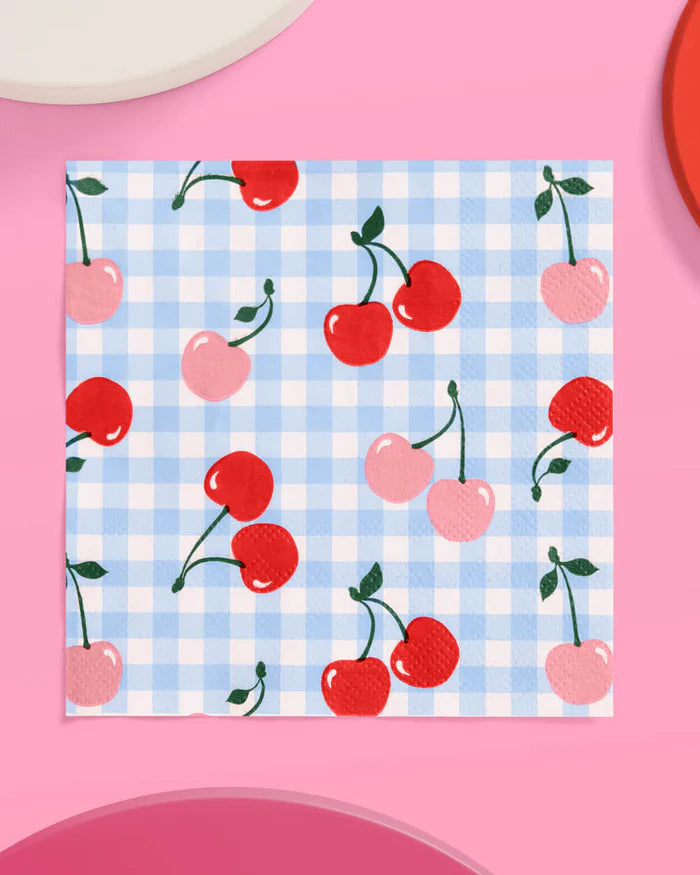 Cherry Print Napkins – Blue Gingham & Cherries, Perfect for Weddings & Birthdays! 
