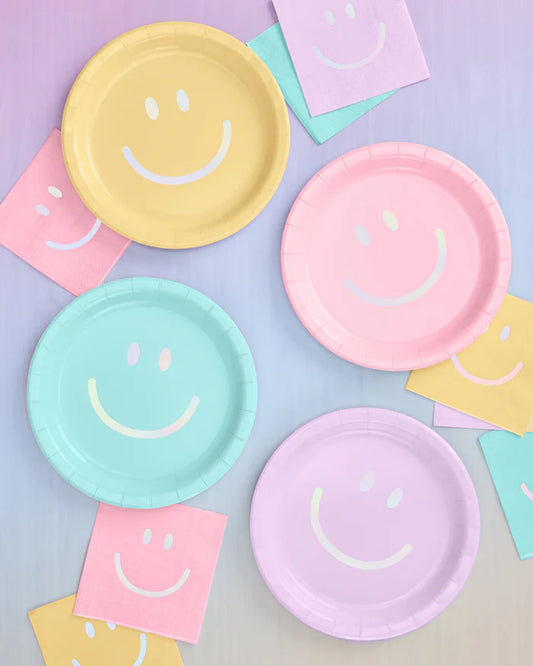 Smiley Face Paper Plates – 24-Pack 9” Dinner Plates in 4 Fun Colors!