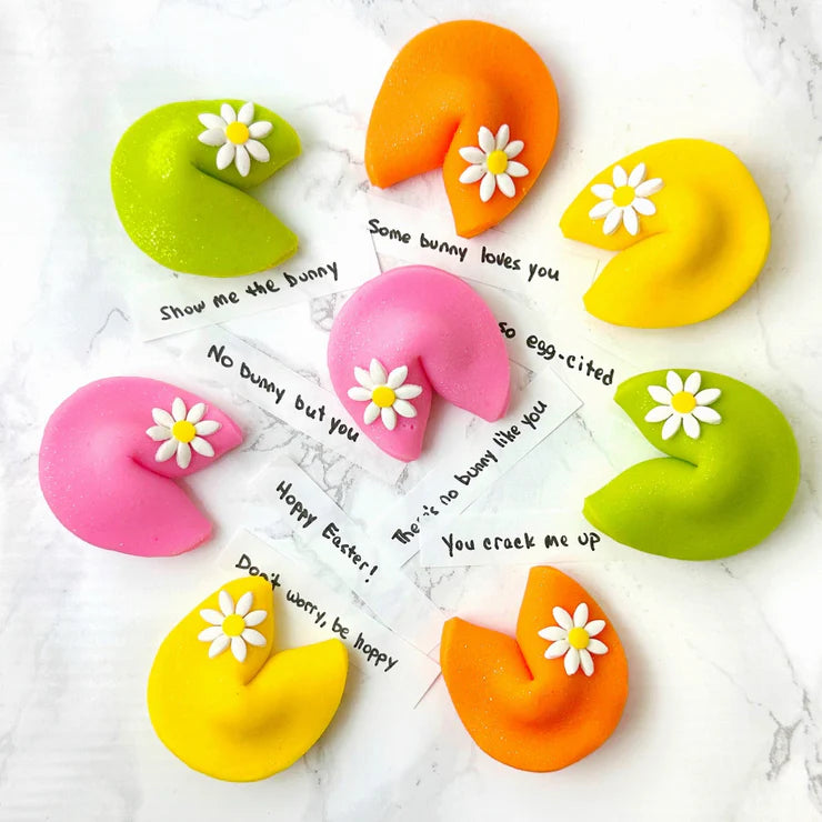 Marzipan Easter fortune cookies with fun fortunes and daisy decoration in a festive gift box.