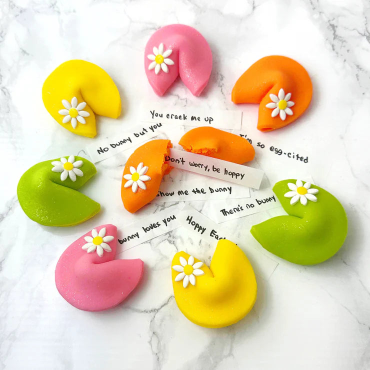 Easter fortune cookies made from marzipan, each with a fun Easter saying and decorative daisies.